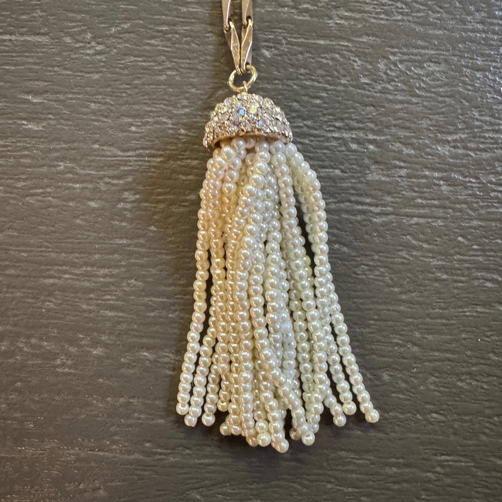 BaubleBar Long Gold Necklace with Pearl and Rhinestone Tassel Pendant, 15” drop